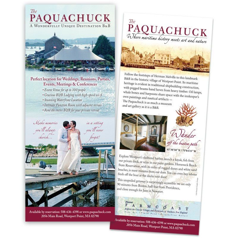 A couple standing on a dock with a brochure for paquachuck