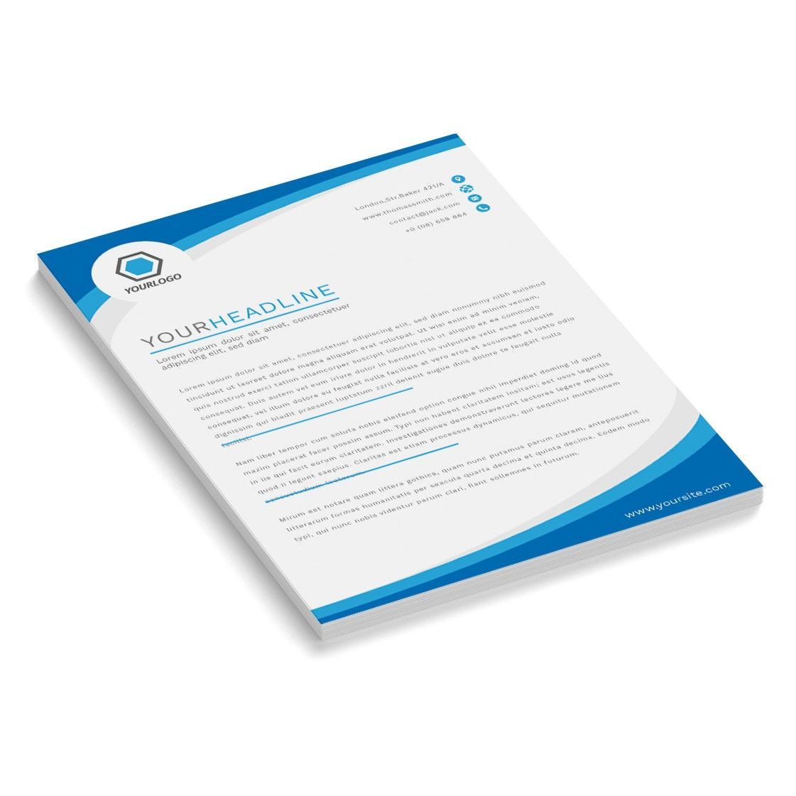 A blue and white letterhead is sitting on a white surface.