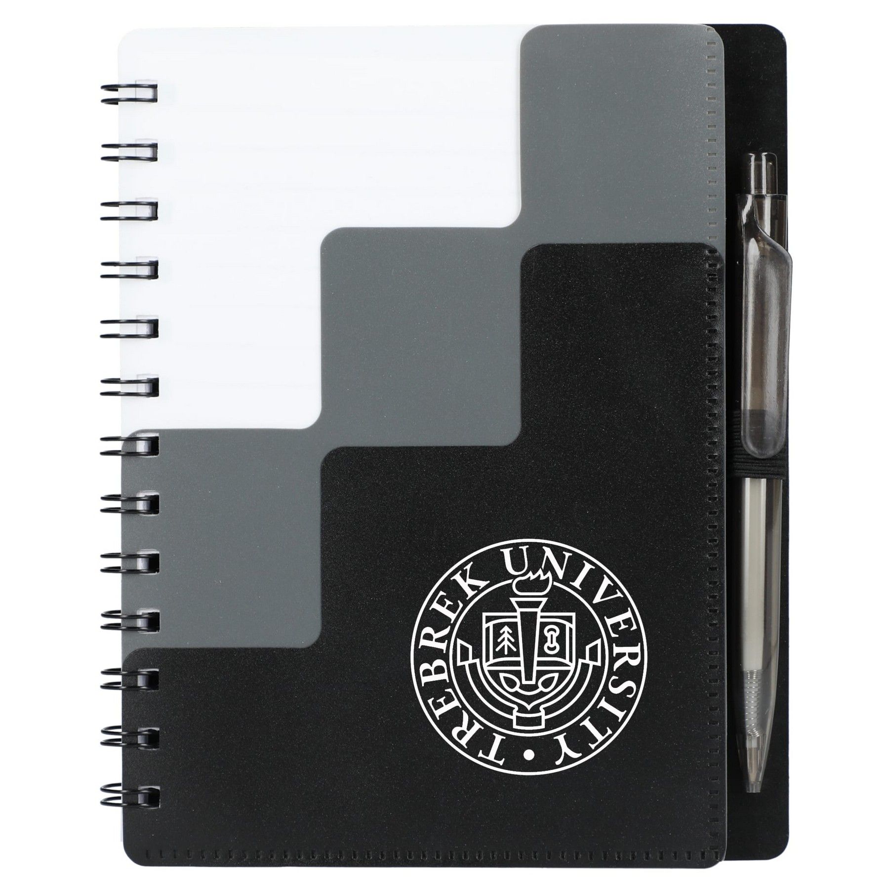 A spiral notebook with a pen and the word university on it