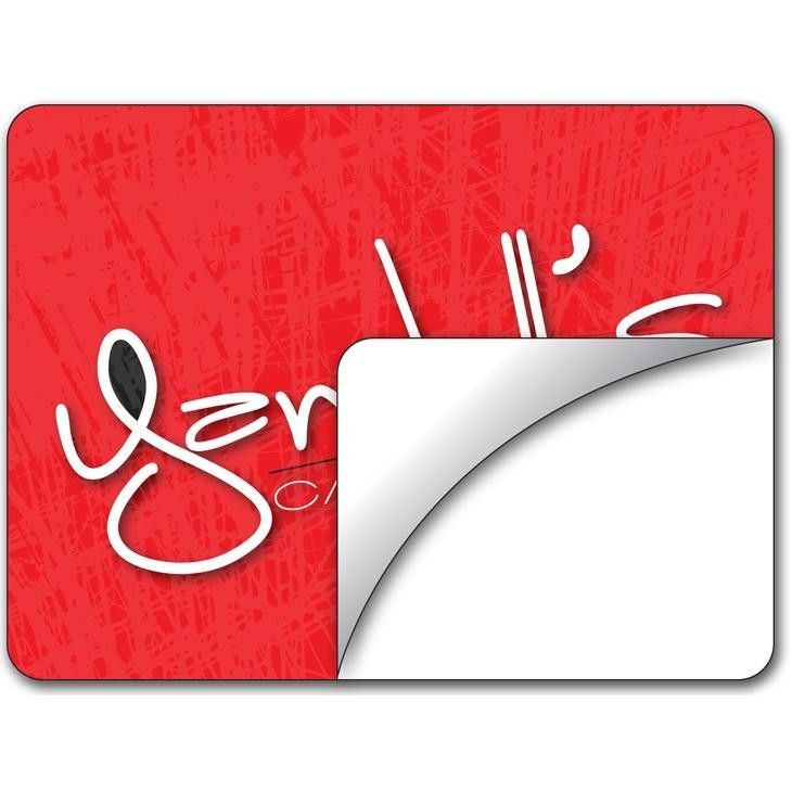 A red and white sticker with the word gen on it