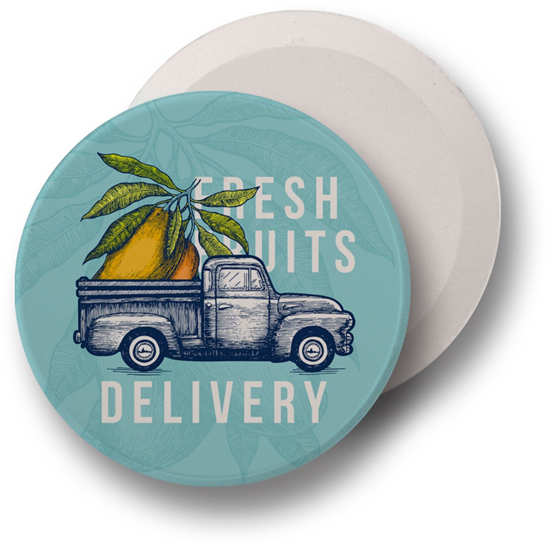 A coaster that says fresh fruits delivery on it