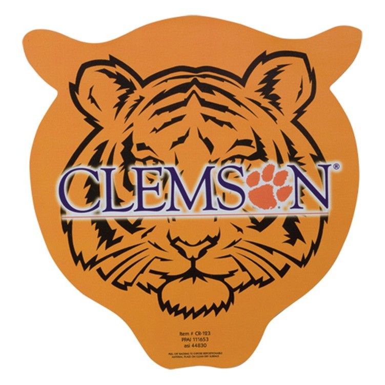 A sticker of a tiger with the word clemson on it