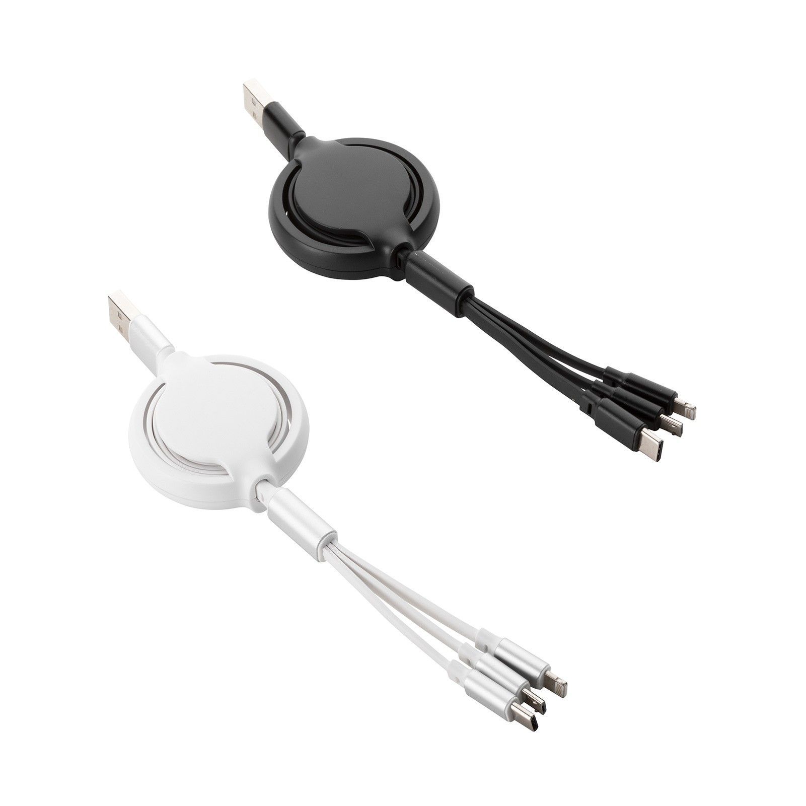 A black and white cable with three connectors on a white background.