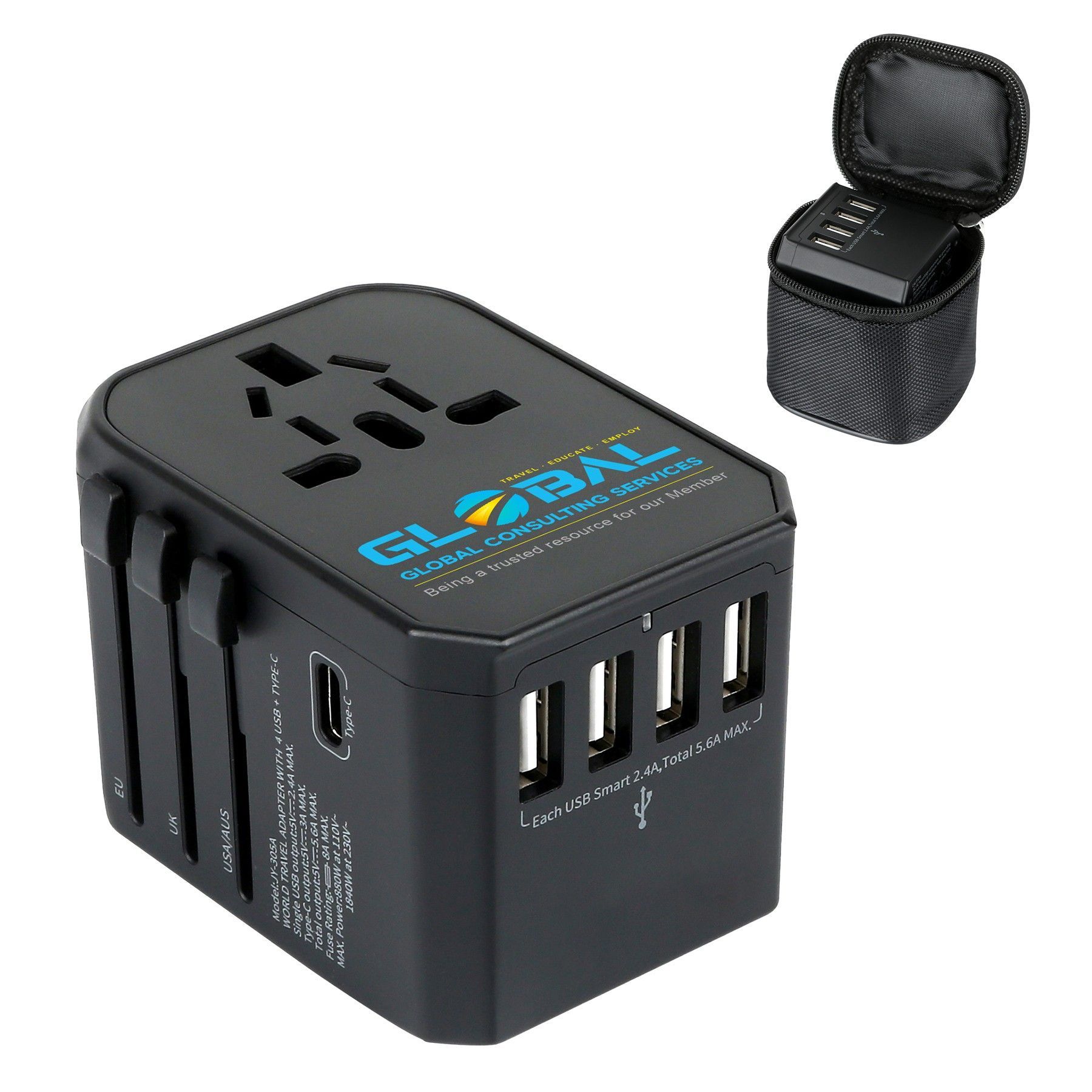 A travel adapter with a charger attached to it.
