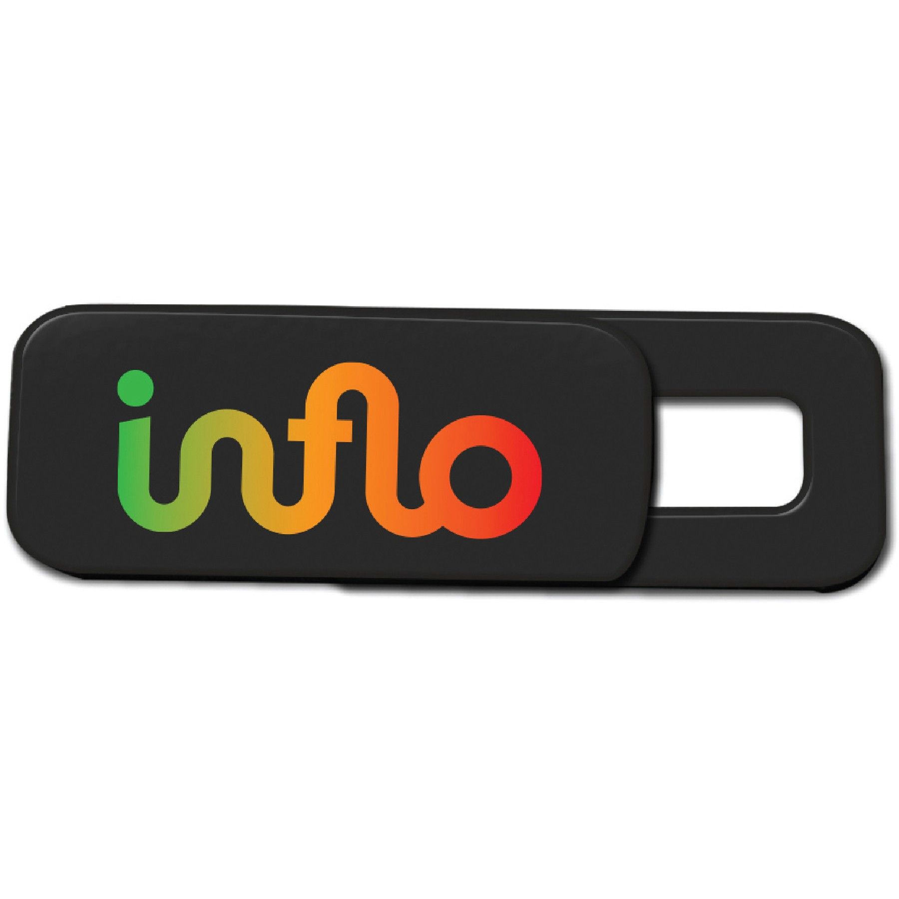 A black webcam cover with the word info on it.
