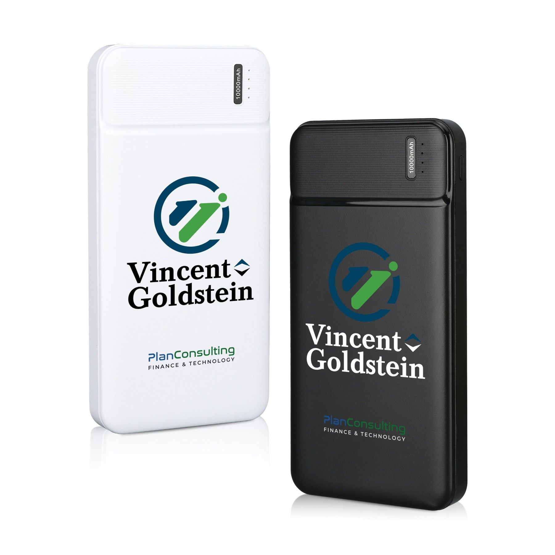 Two power banks with vincent goldstein written on them