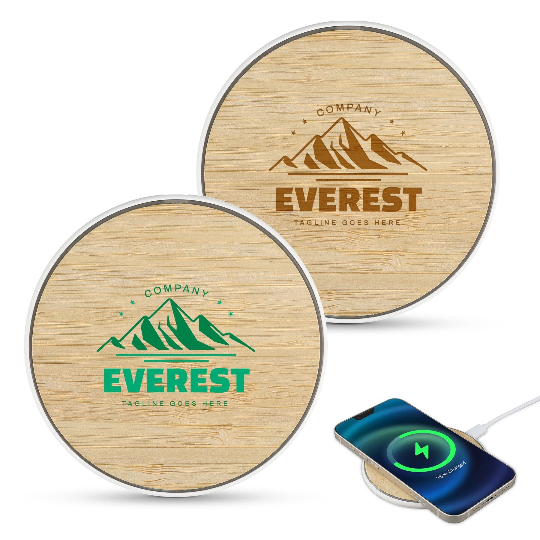 A cell phone is being charged on a wooden charger.