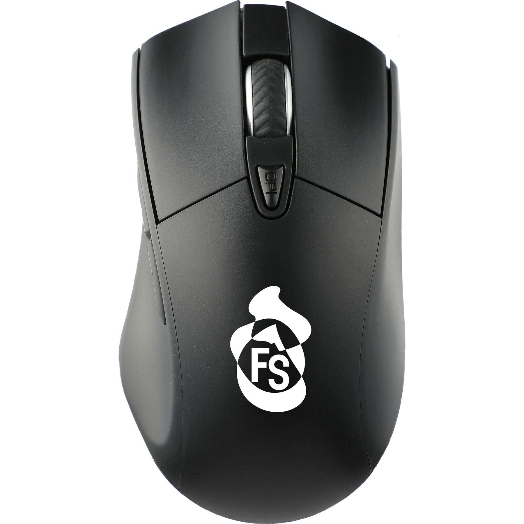 A black computer mouse with a white fs logo on it