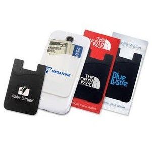 A group of cell phone wallets with different logos on them.
