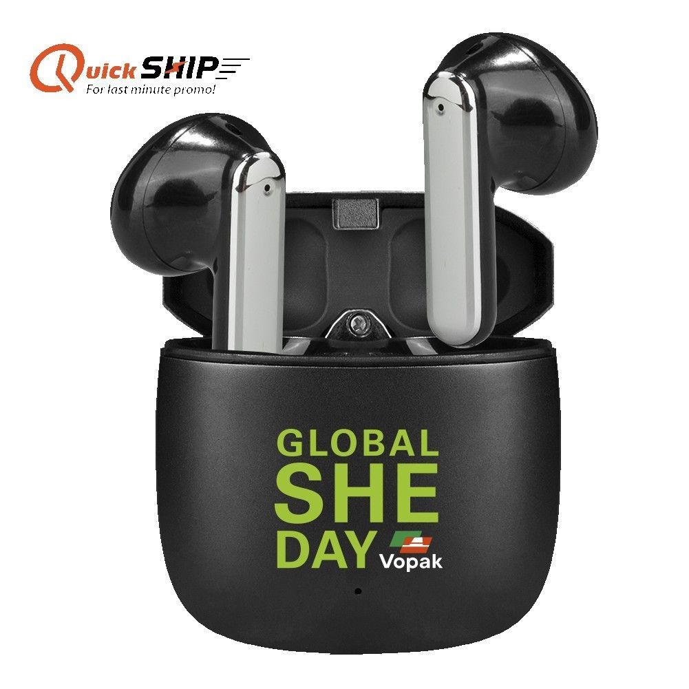 A pair of earbuds with the words global she day on them