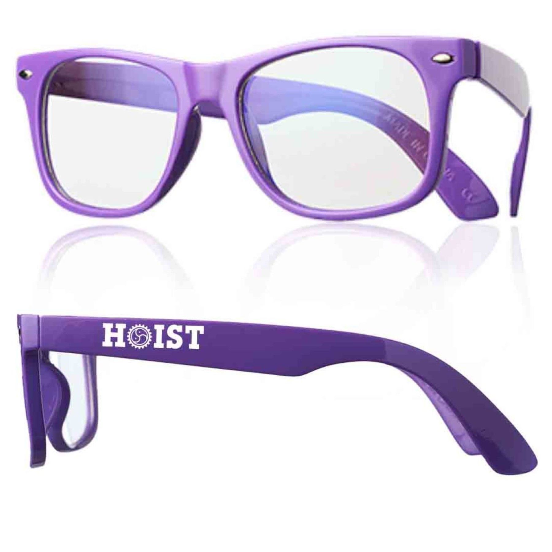 A pair of purple glasses with the word hoist on the side