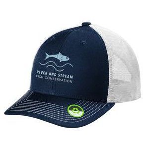 A blue and white baseball cap with a fish on it.