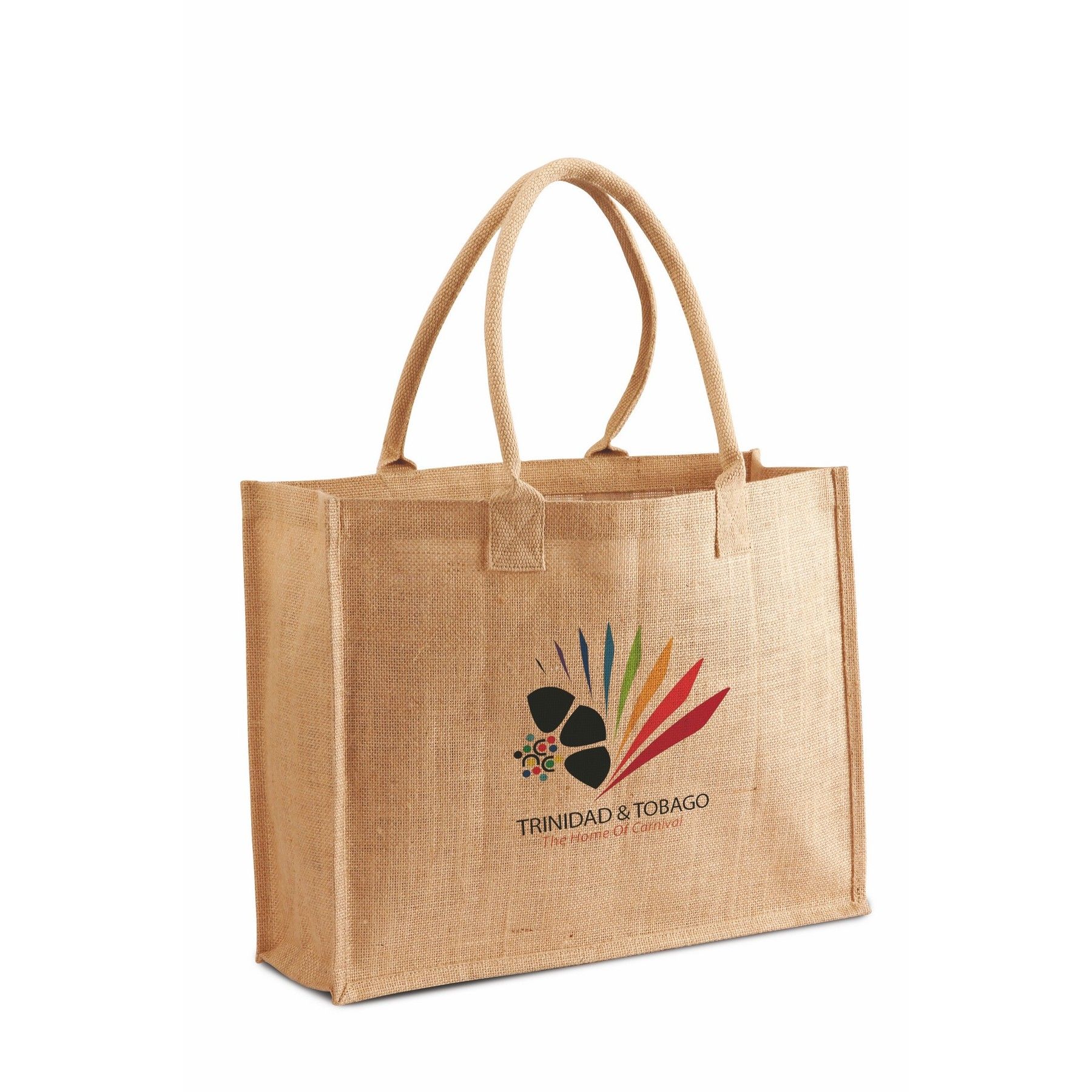 A jute tote bag with a logo on it