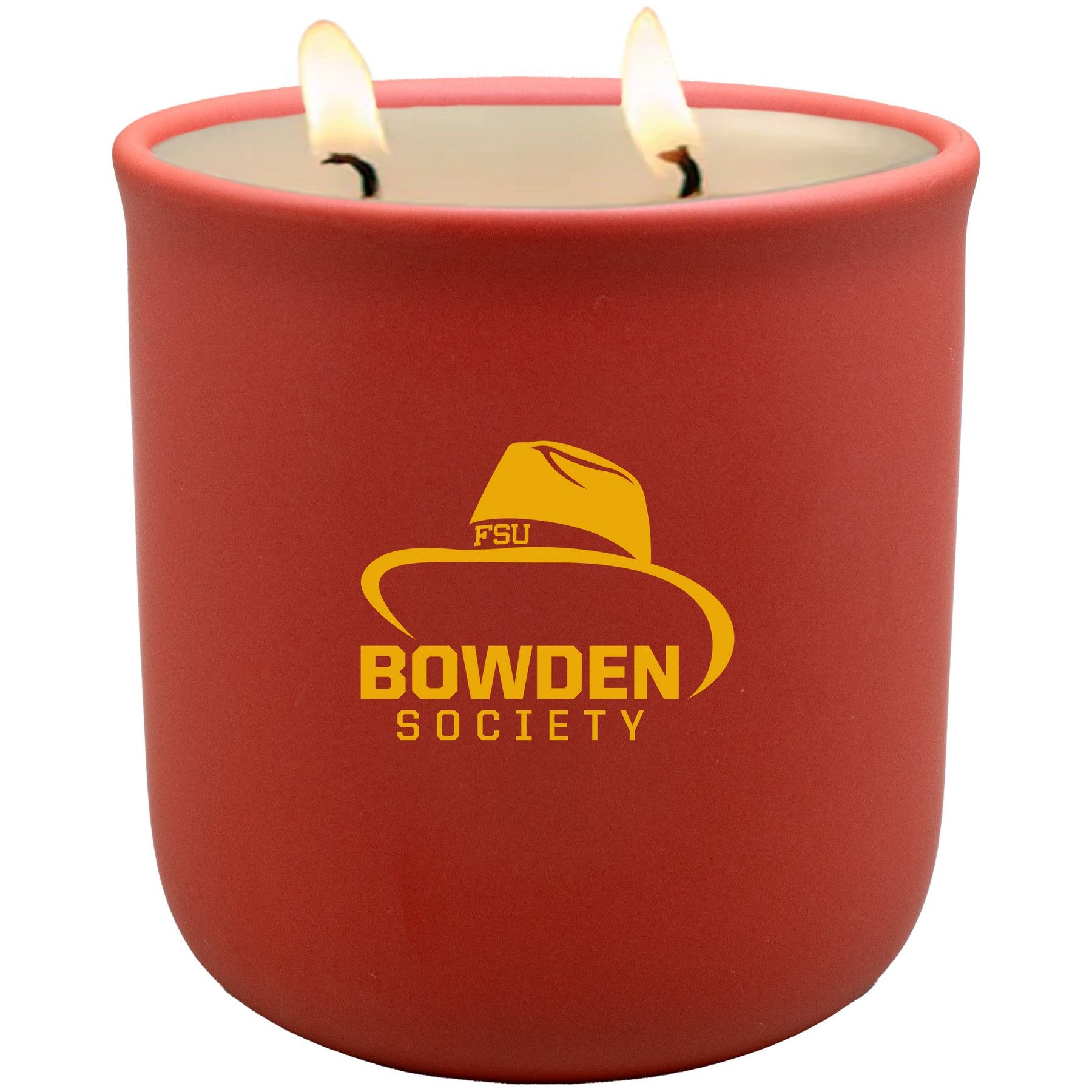 A red candle with the bowden society logo on it
