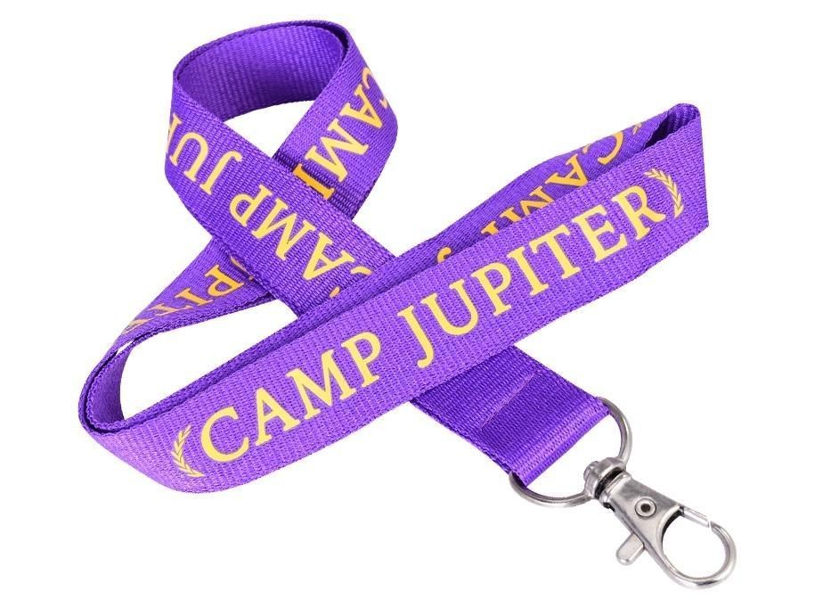 A purple lanyard with camp jupiter written on it