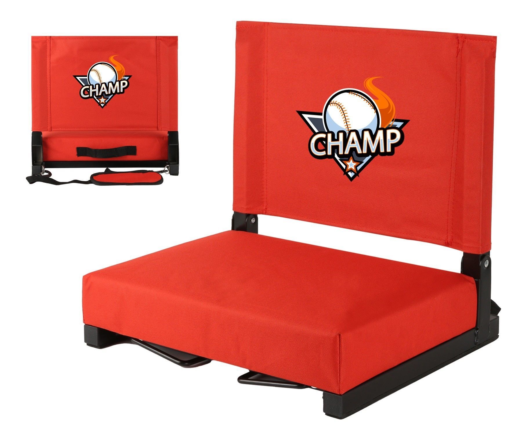 A red chair with the word champ on it