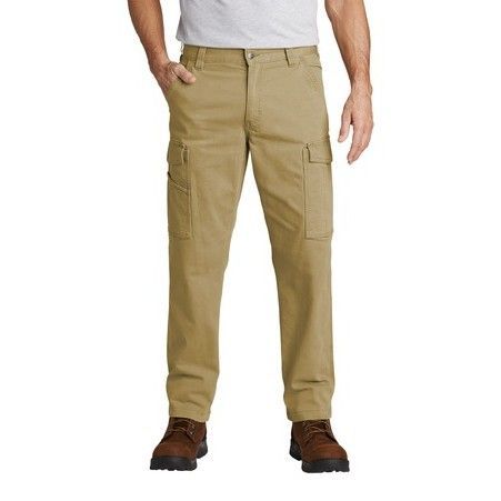 A man is wearing a white shirt and khaki cargo pants.
