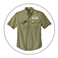 A green shirt with a logo on it is in a circle on a white background.