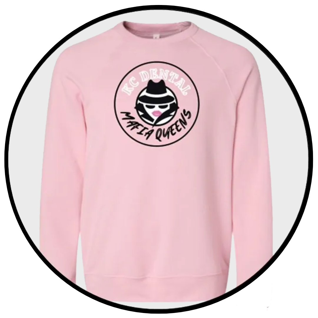 A pink sweatshirt with a black logo on it