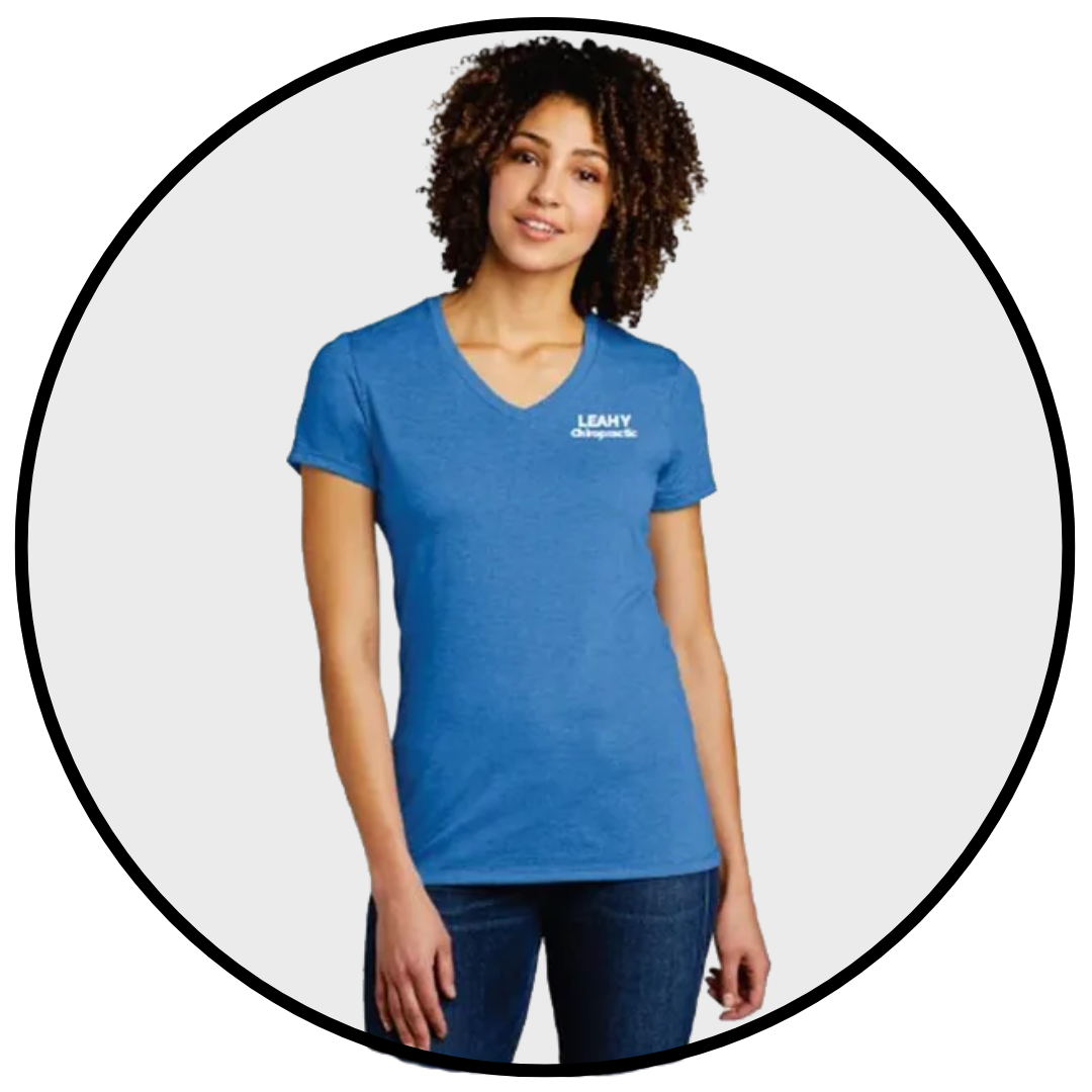 A woman is wearing a blue t-shirt and jeans.