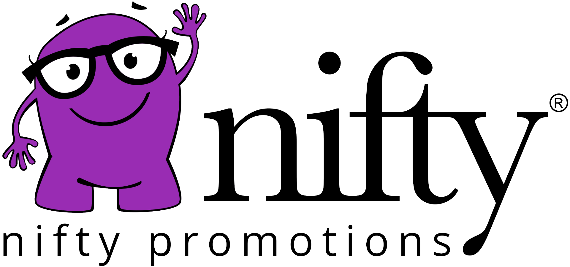 The logo for nifty promotions has a purple monster wearing glasses and waving.