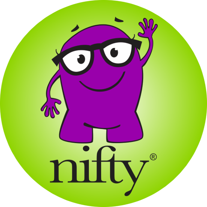 A logo for a company called nifty with a purple monster
