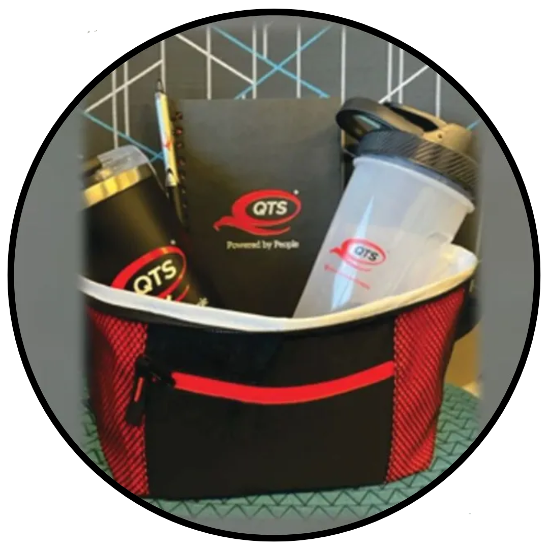 A red and black cooler filled with lots of items