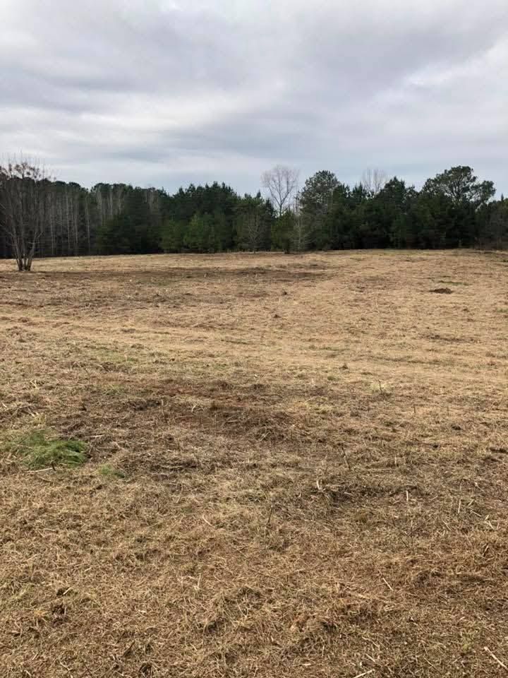 A wide, open field of dry, brown grass under a cloudy sky, bordered by a line of trees in the distance.