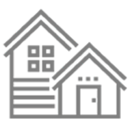 Two houses, one larger with a window, the other smaller with a door; both are outlined in gray.