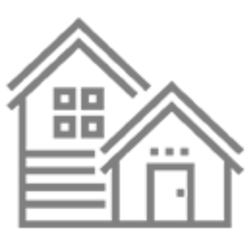 Two houses, one larger with a window, the other smaller with a door; both are outlined in gray.