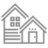 Two houses, one larger with a window, the other smaller with a door; both are outlined in gray.