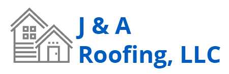 Logo for J & A Roofing, LLC, featuring a gray outline of two houses next to blue text.