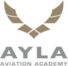The ayla aviation academy logo is a brown and gray logo with wings.