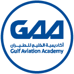 The logo for the gulf aviation academy is in a blue circle.