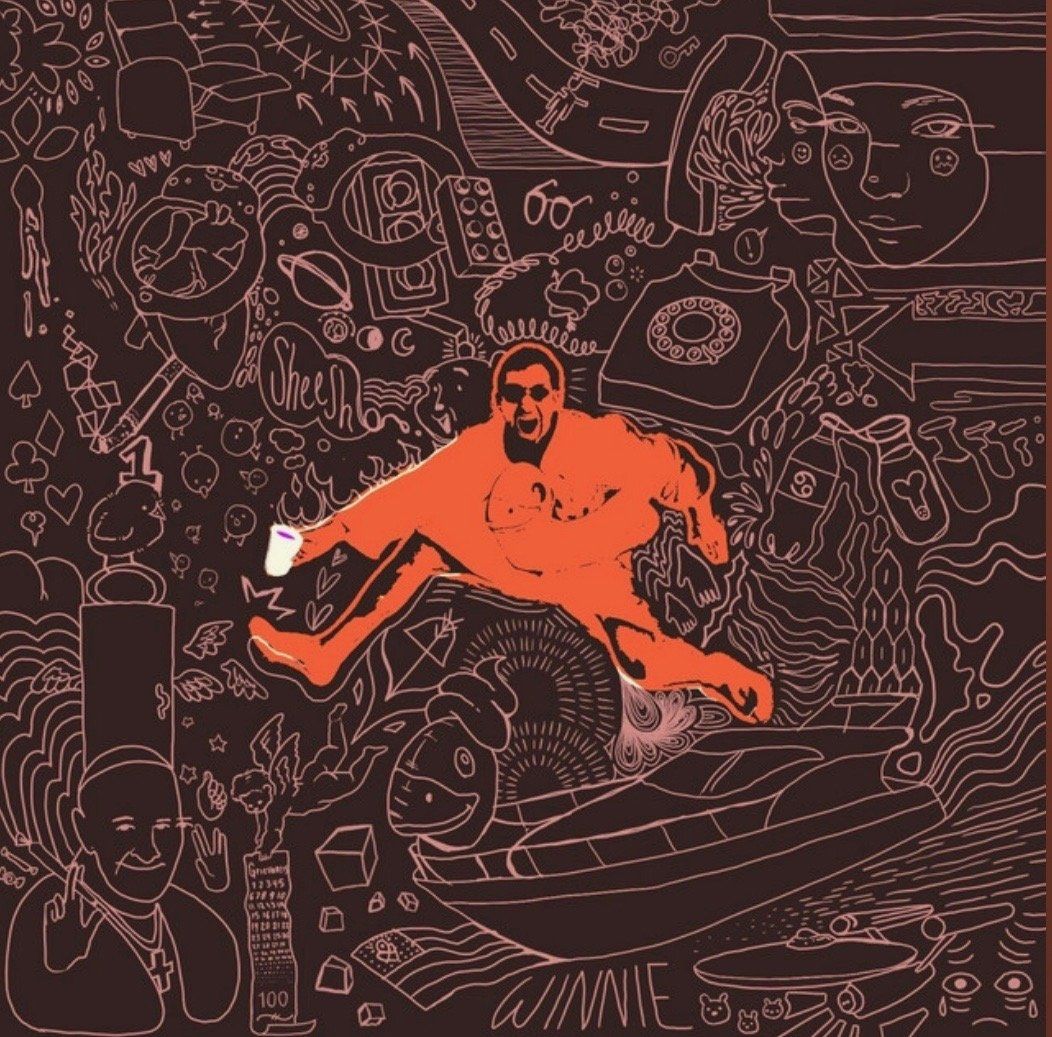 A drawing of a man with a cup in his hand