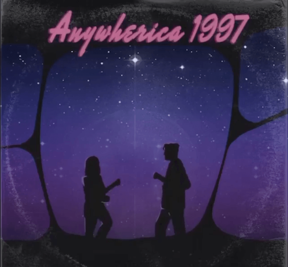 A man and a woman standing under a starry sky with the year 1997