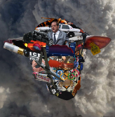 A collage of a man in a suit and tie flying through the air.