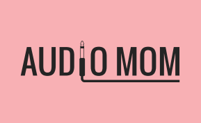 A logo for audio mom with a microphone on a pink background.