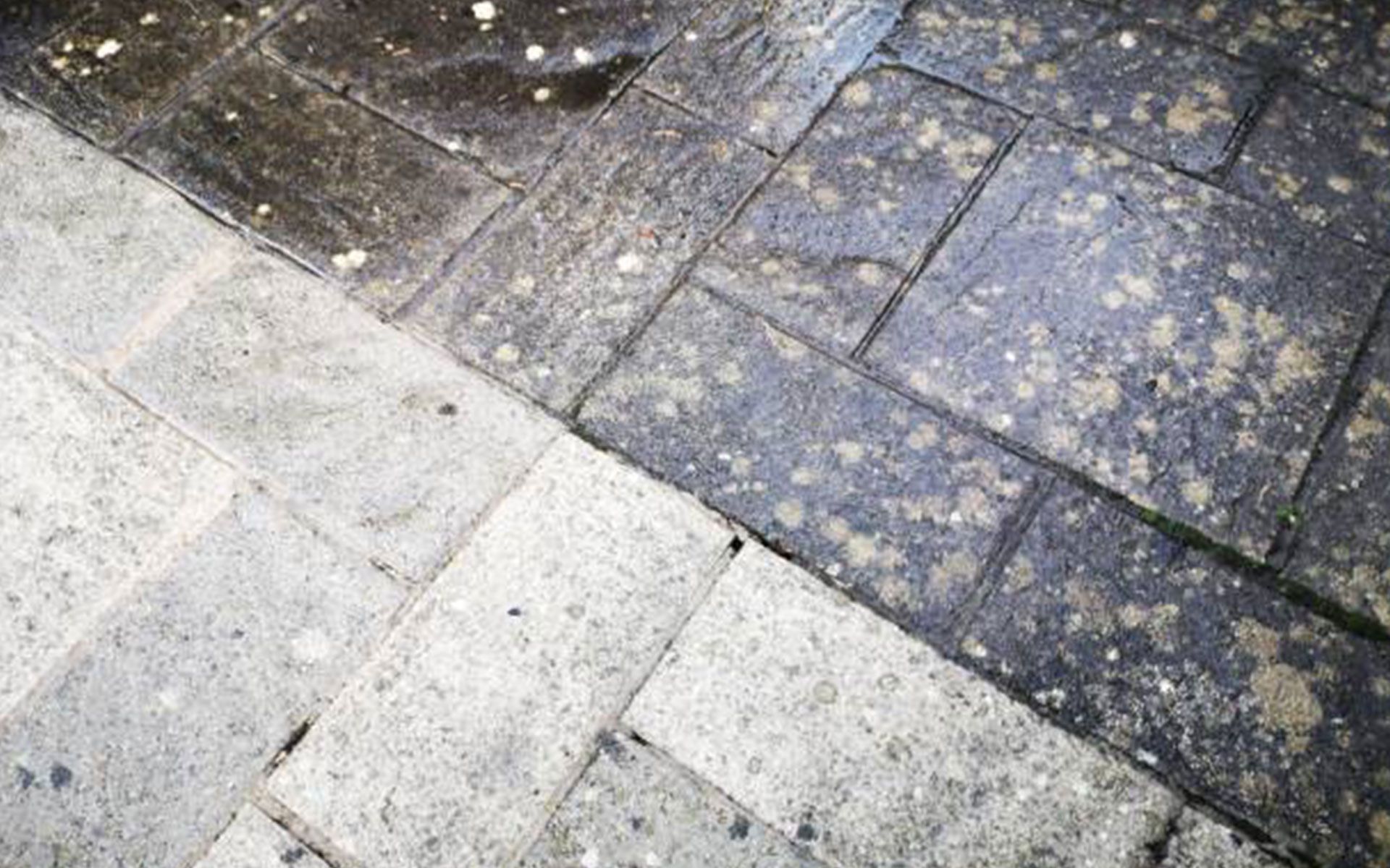 A before and after picture of a brick walkway.