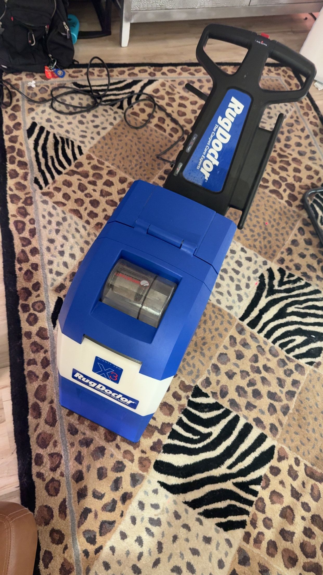 A person is using a high pressure washer to clean a carpet.
