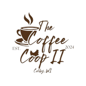 A cup of coffee with steam coming out of it and the words `` the coffee coop '' written on it.