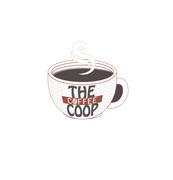A cup of coffee with steam coming out of it and the words `` the coffee coop '' written on it.