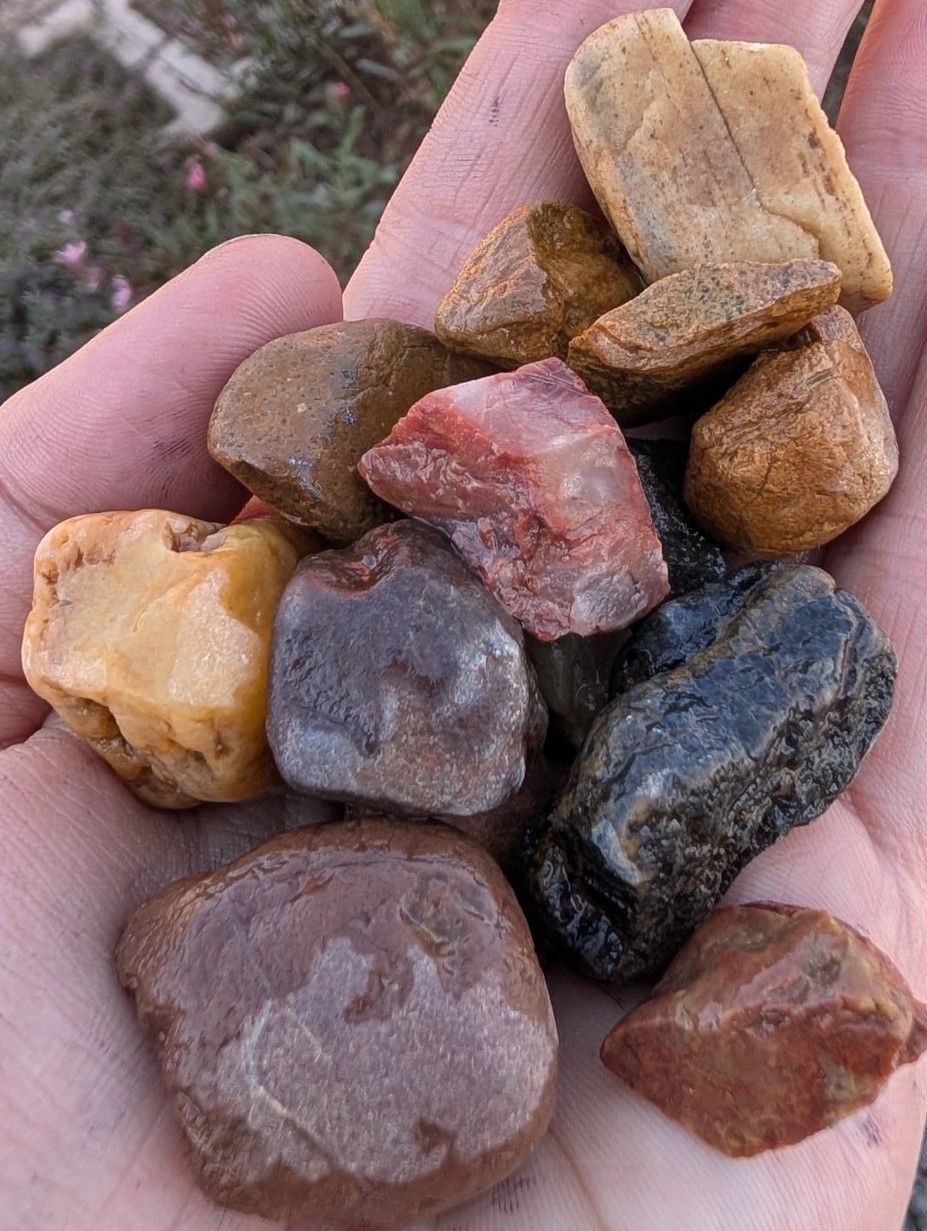 Handful of smooth, colorful river rocks, including brown, red, tan, and black.