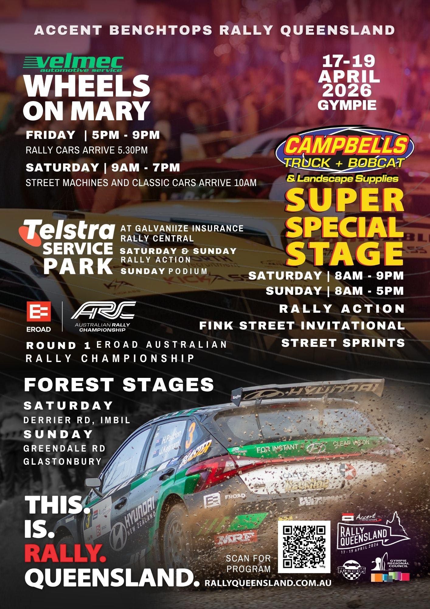 Event poster for the 2026 Accent Benchtops Rally Queensland in Gympie, featuring rally car race info and a racing car.