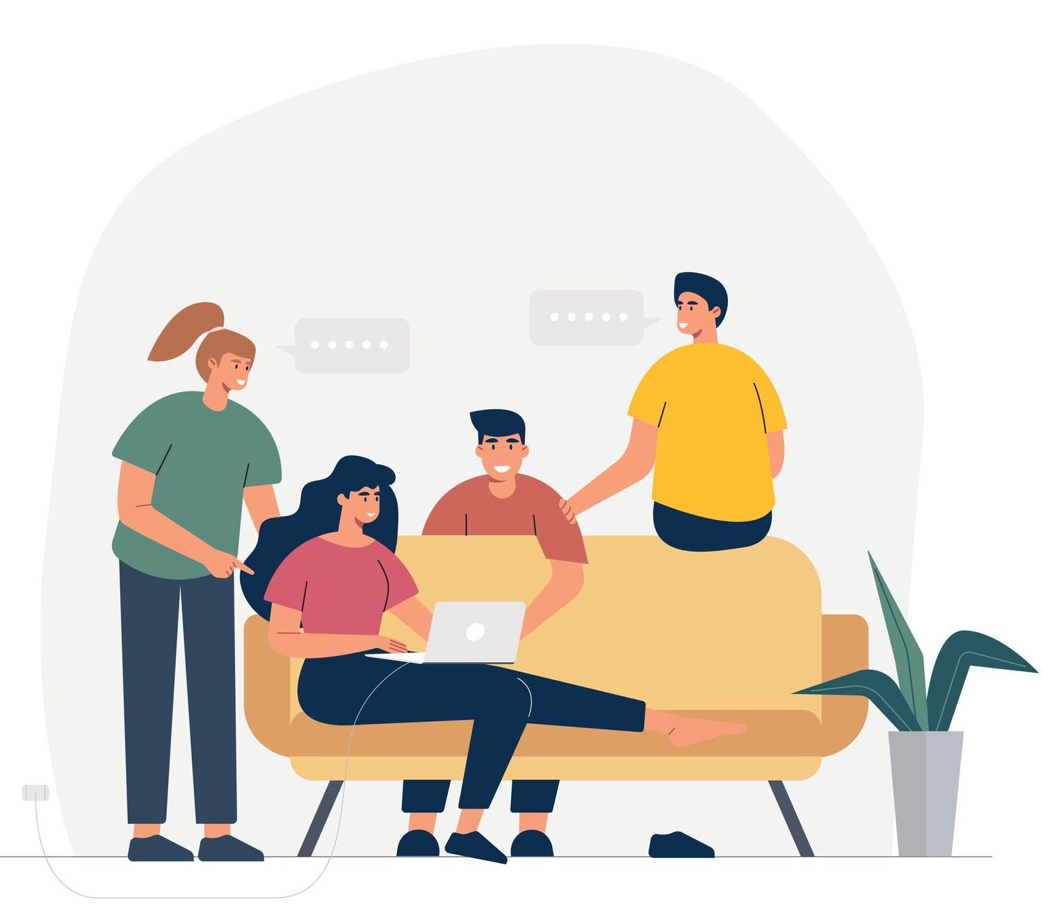 Artwork in a cartoon style depicting one person sitting on a sofa with a laptop, with one person standing behind pointing at the screen, another sitting behind the sofa, and another sitting on the sofa backrest.