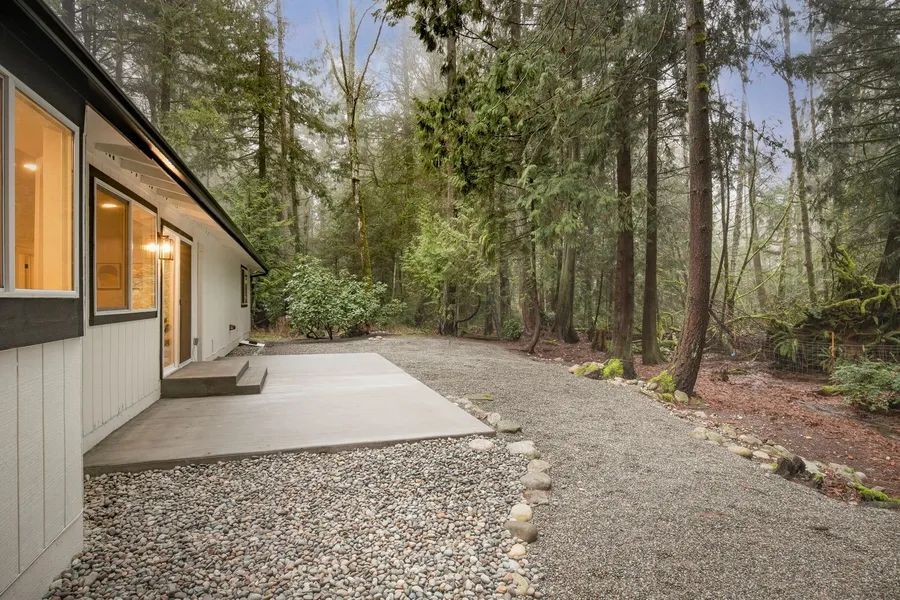 A house in the middle of a forest with a gravel driveway leading to it.