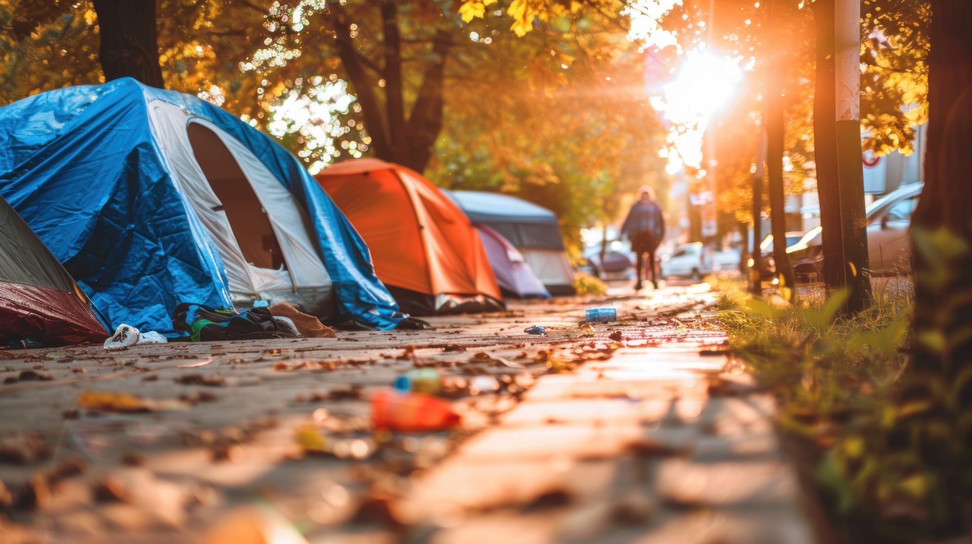 A row of tents are lined up on a sidewalk in a park.