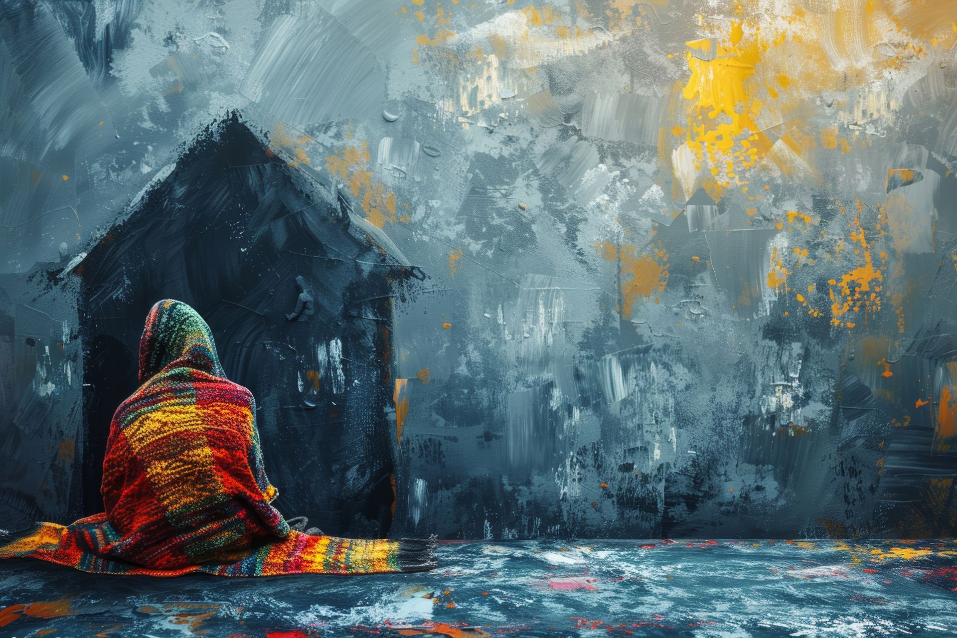 It is a painting of a person sitting in front of a house.