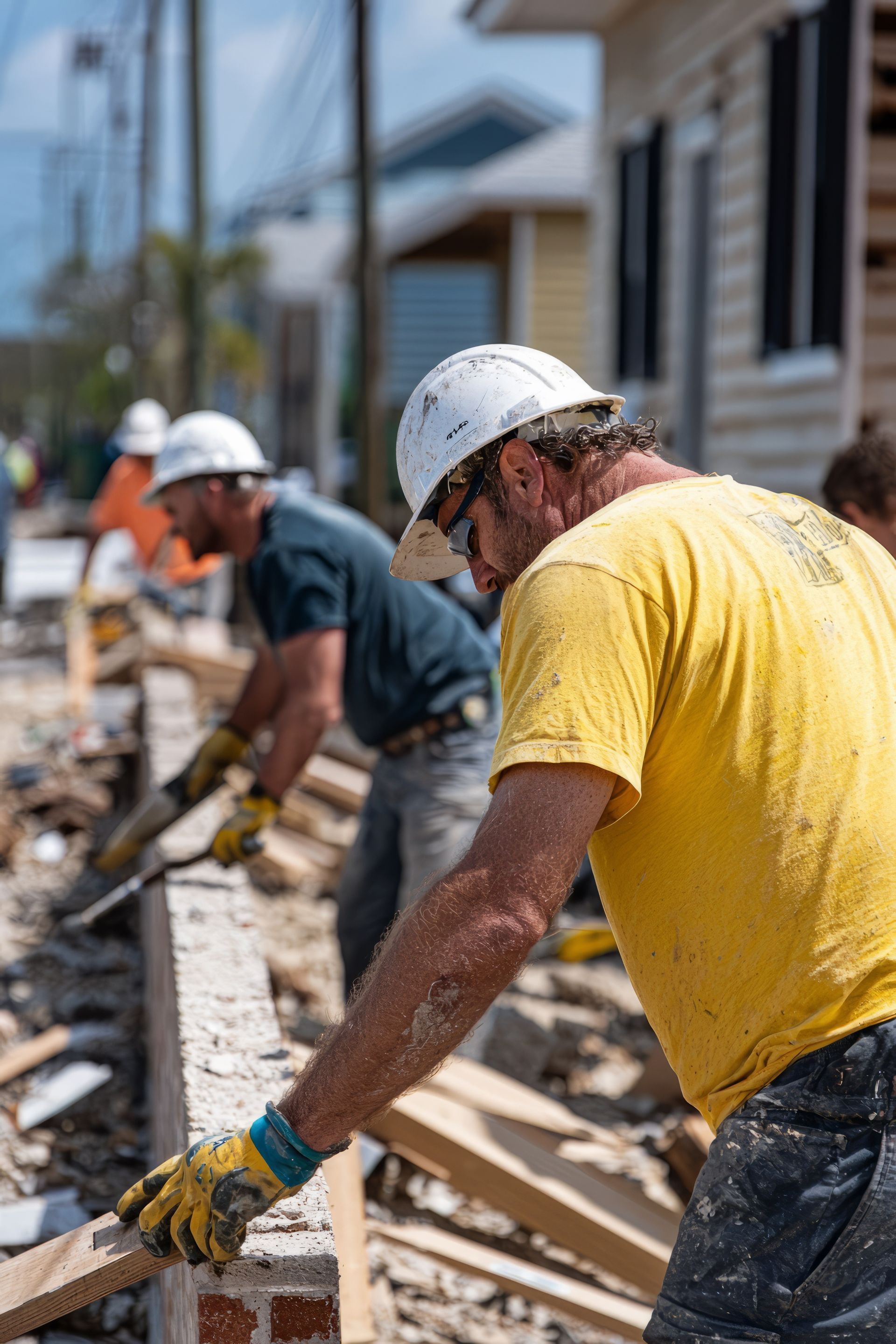 A group of construction workers are working on a brick wall.