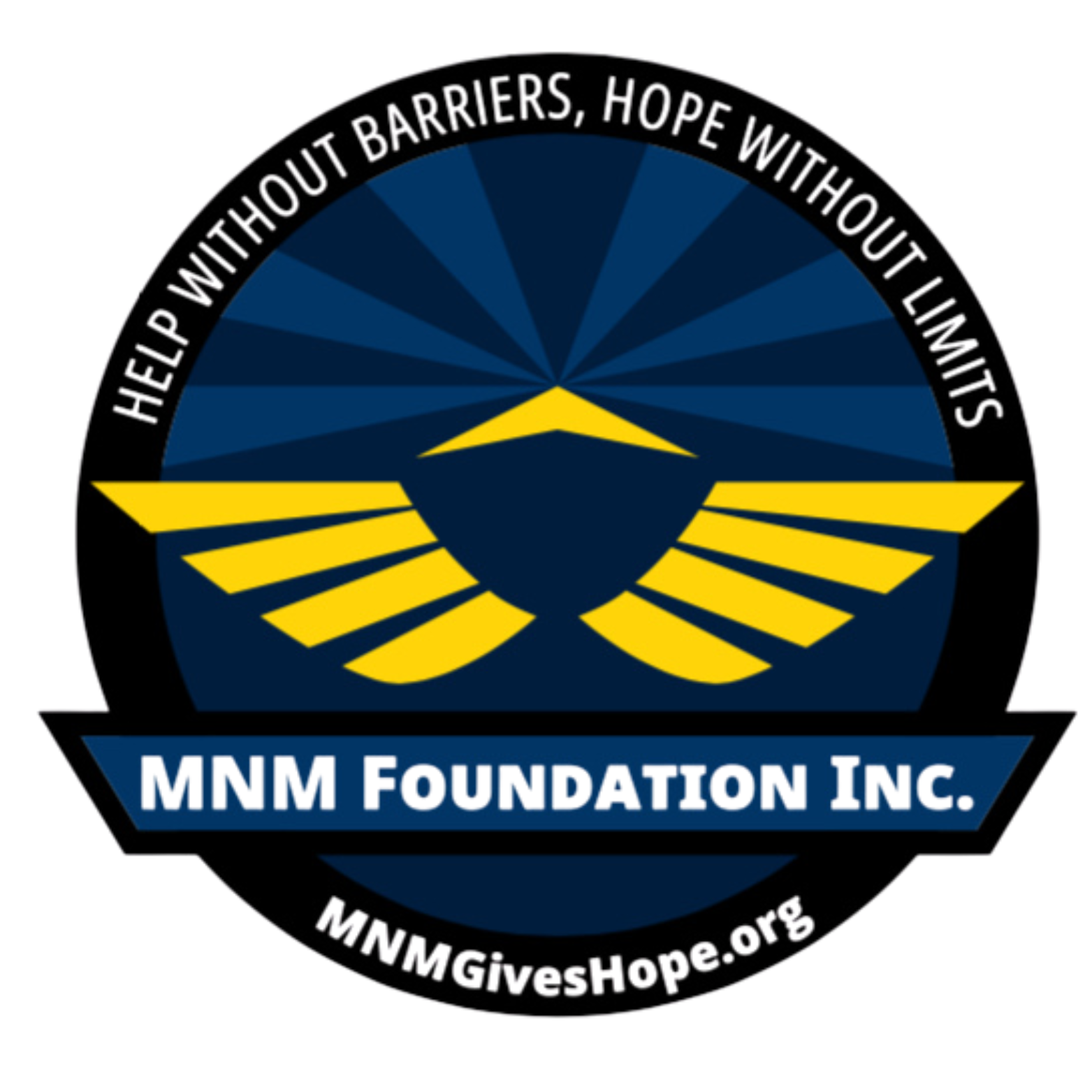A logo for mnm foundation inc. that says help without barriers hope without limits